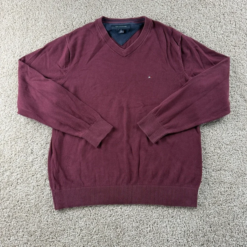 Tommy Hilfiger Sweater Mens Medium Red Tight Knit V Neck Pullover Logo Casual